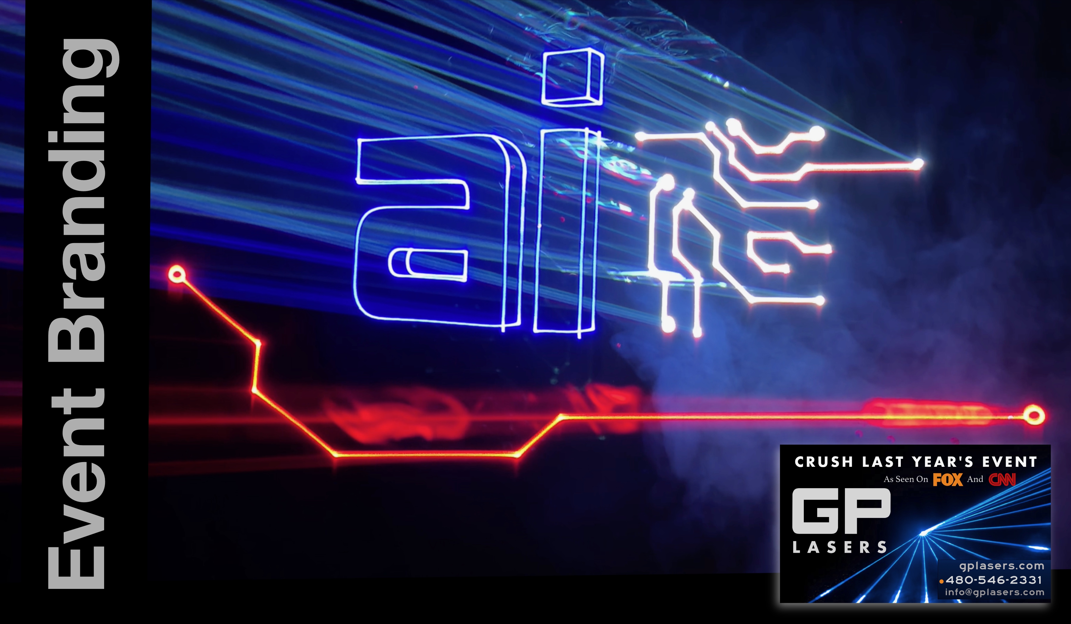 GP Lasers illuminated AI logo with multicolor effects