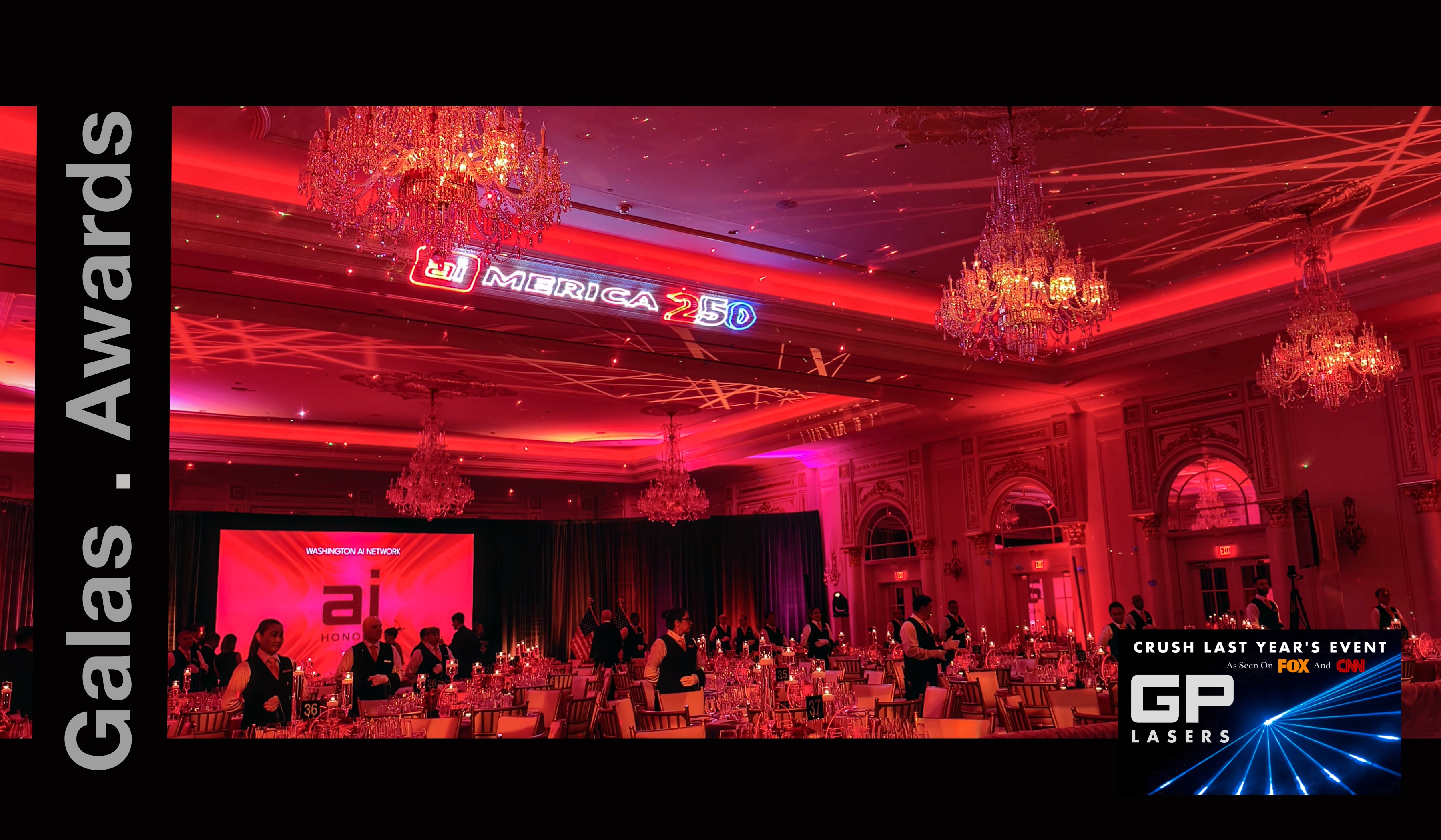GP Lasers custom logos and light effects at an elegant gala