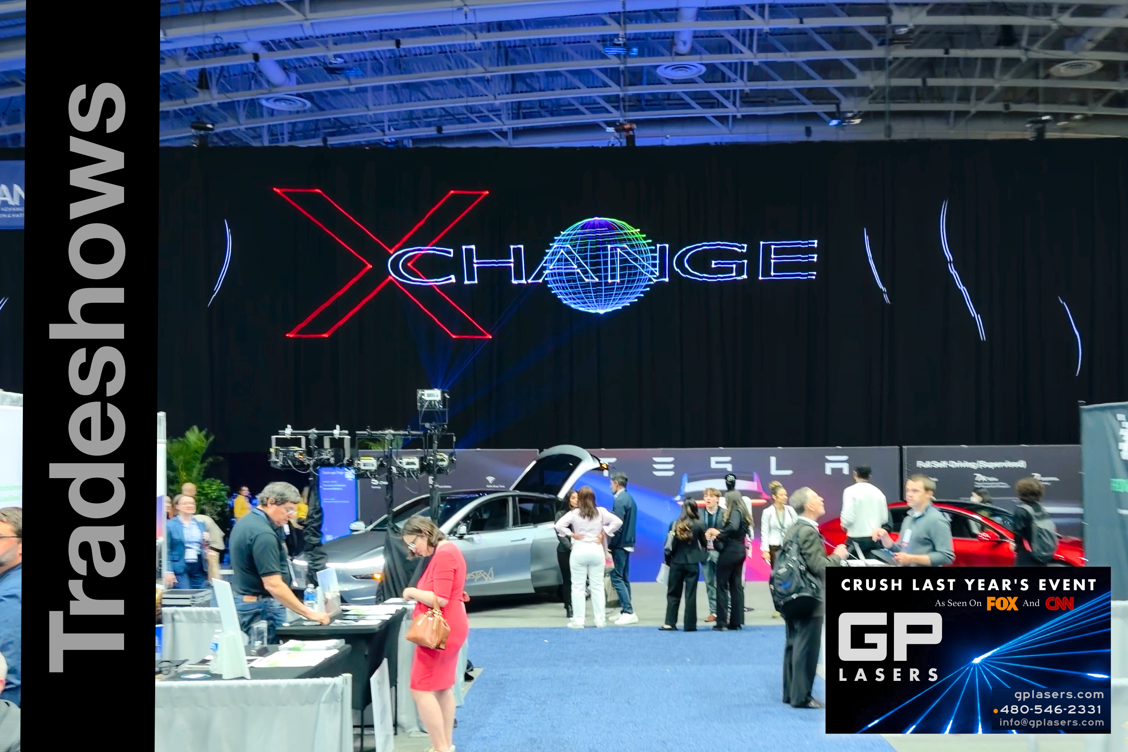 Multicolor Xchange laser branding above a trade-show floor